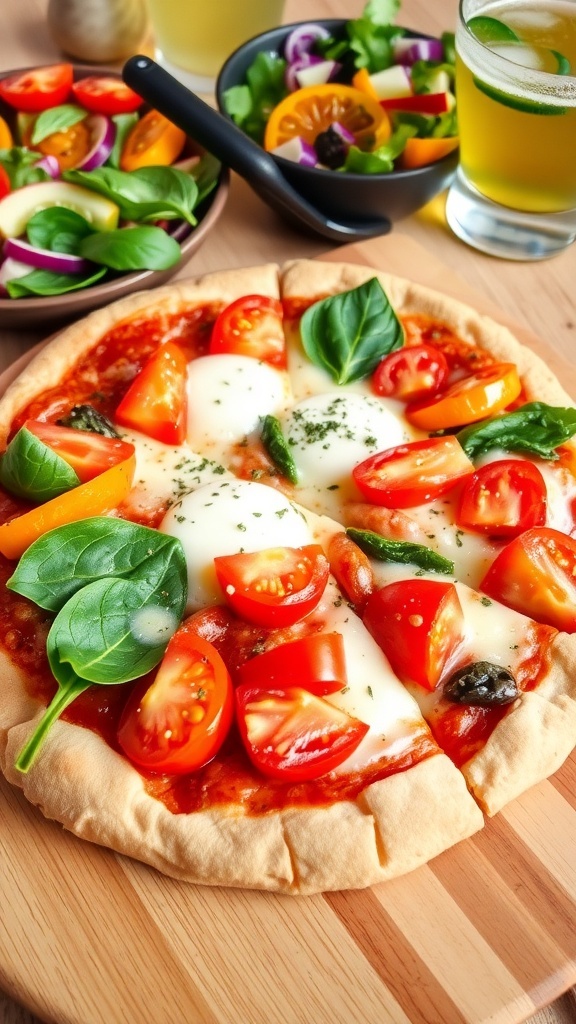 Pita Bread Veggie Pizza Recipe Pita bread veggie pizza with bell peppers, tomatoes, and spinach, served on a wooden board.